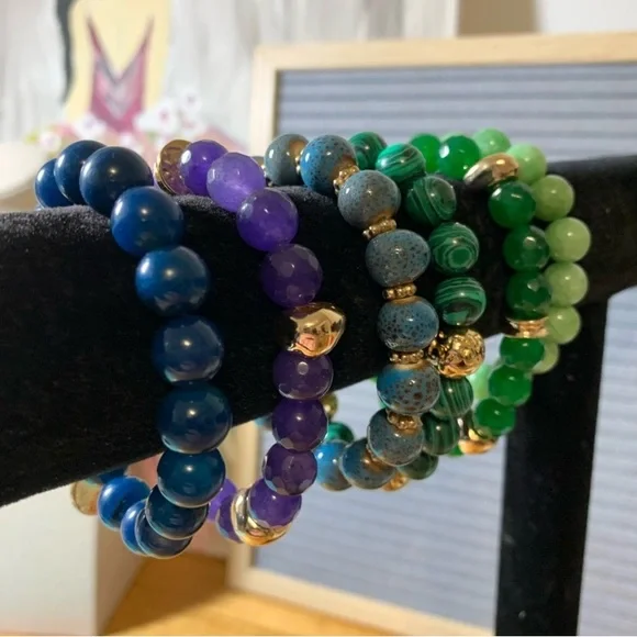 Crystal Bead Bracelet Set In Greens, Blues, & Purple - Picture 3 of 7